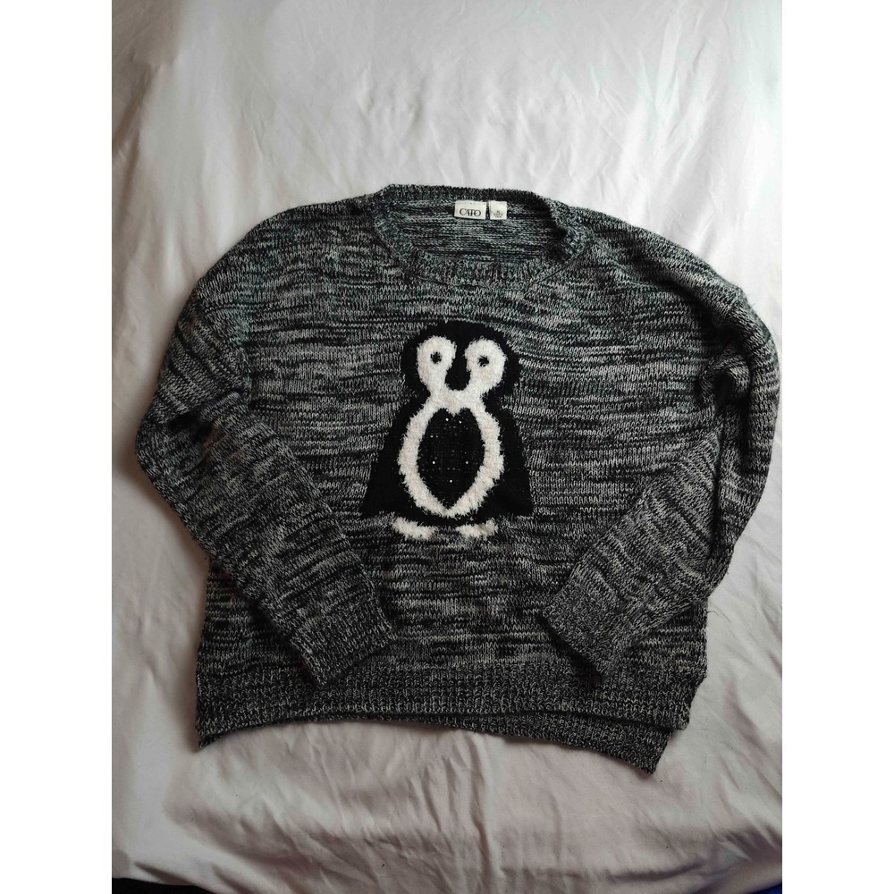 Cato Sweater Women XL Gray Knit Embroidered Penguin Crew Neck Pullover Cabincore
